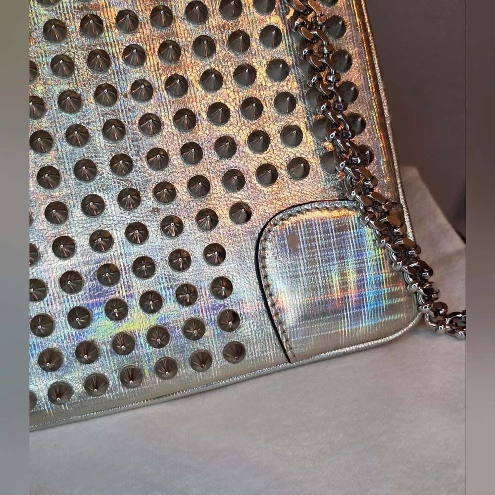 Christian Louboutin Loubiposh Studded Clutch Crossbody Galactic Silver W/COA